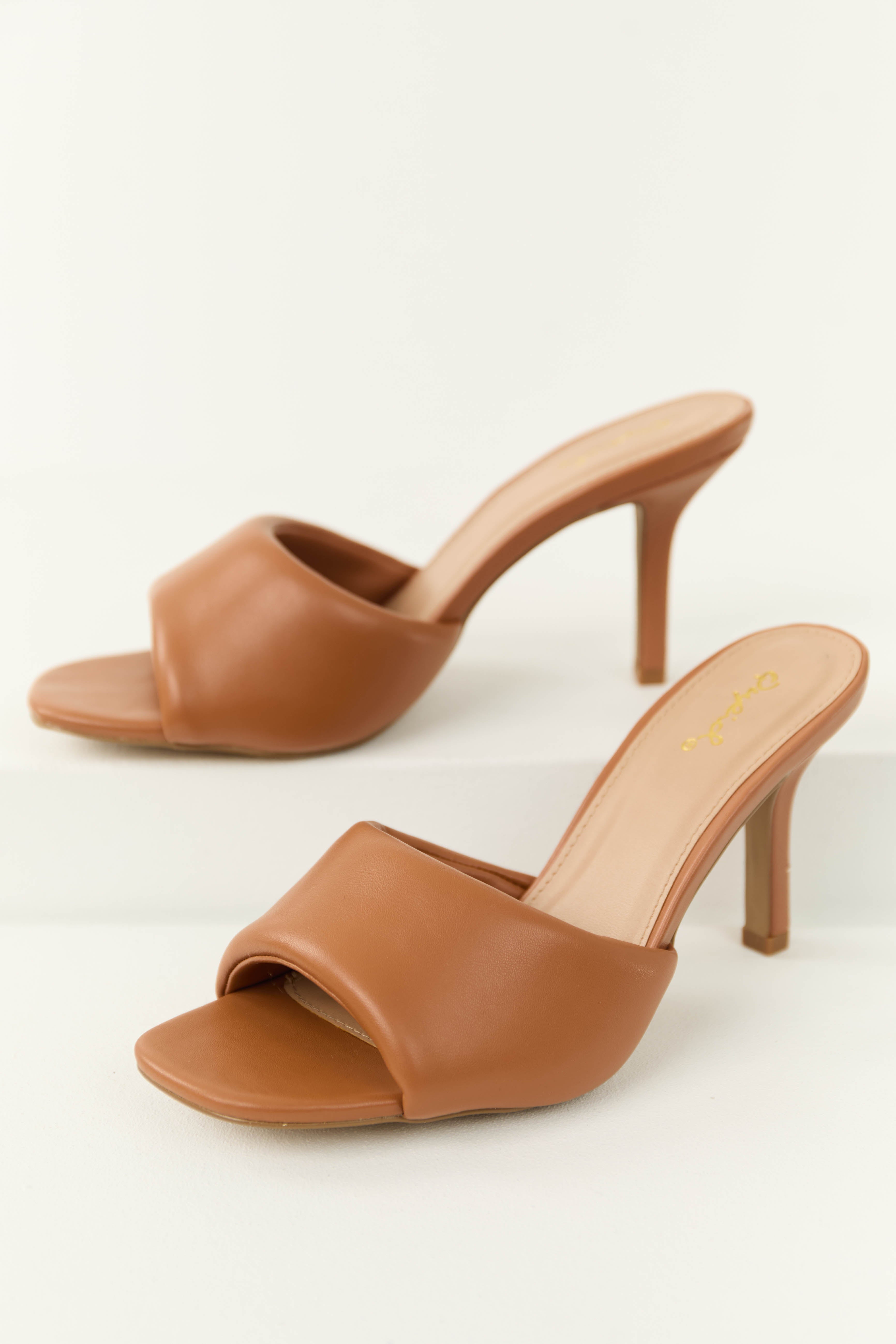 Women's Cognac Single Puffy Strap Stiletto High Heels