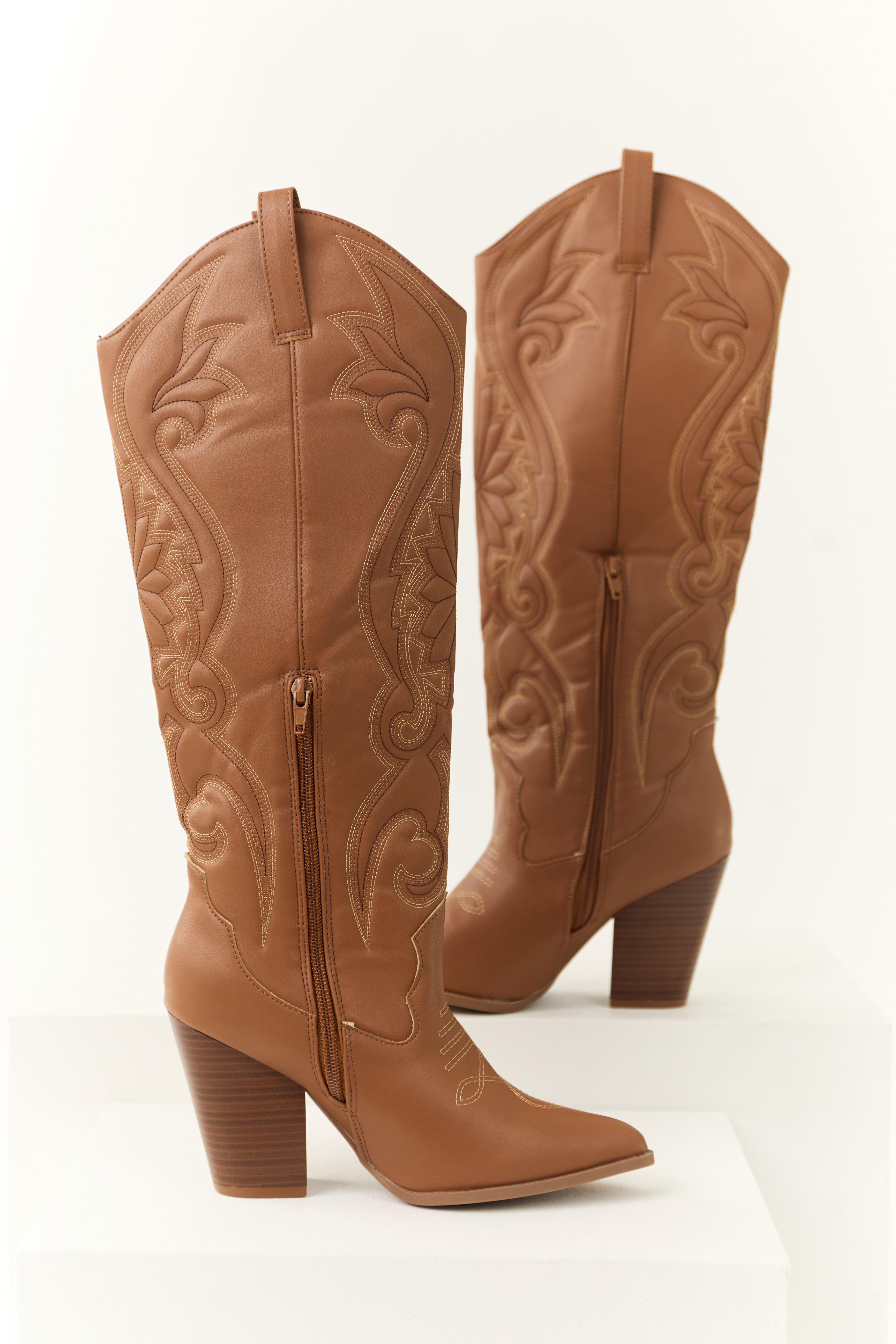 Women's Cognac Knee-High Embroidered Western Boots