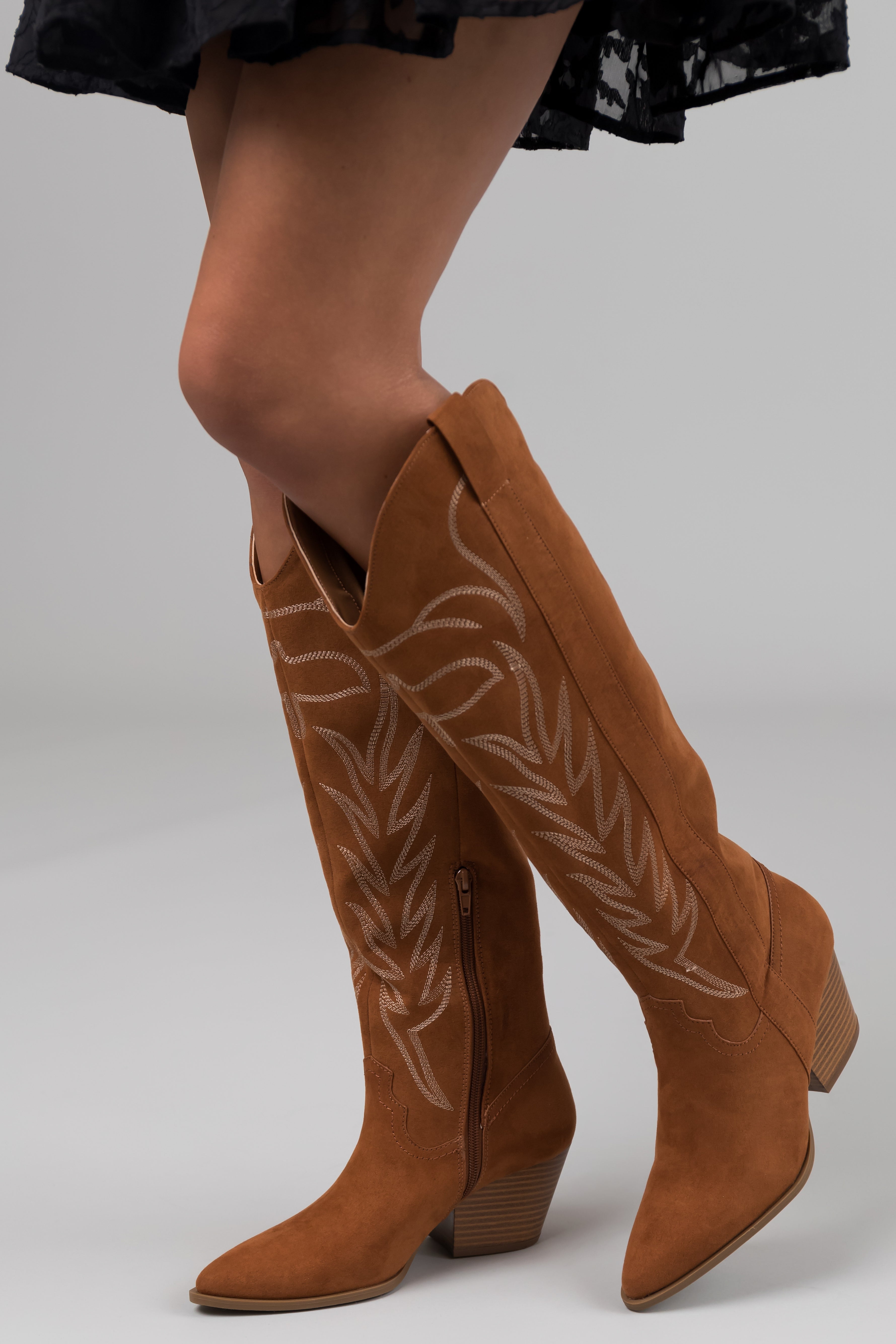 Women's Cognac Suede Knee-High Pointed Toe Western Boots