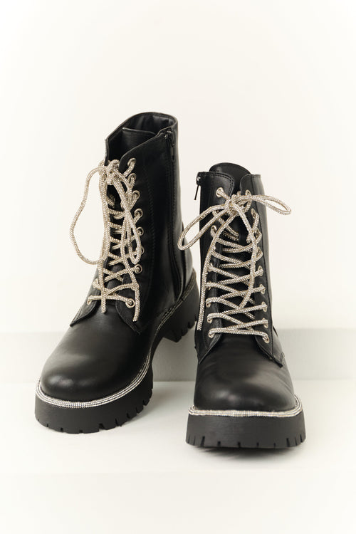 Women's Black Rhinestone Detail Platform Combat Boots