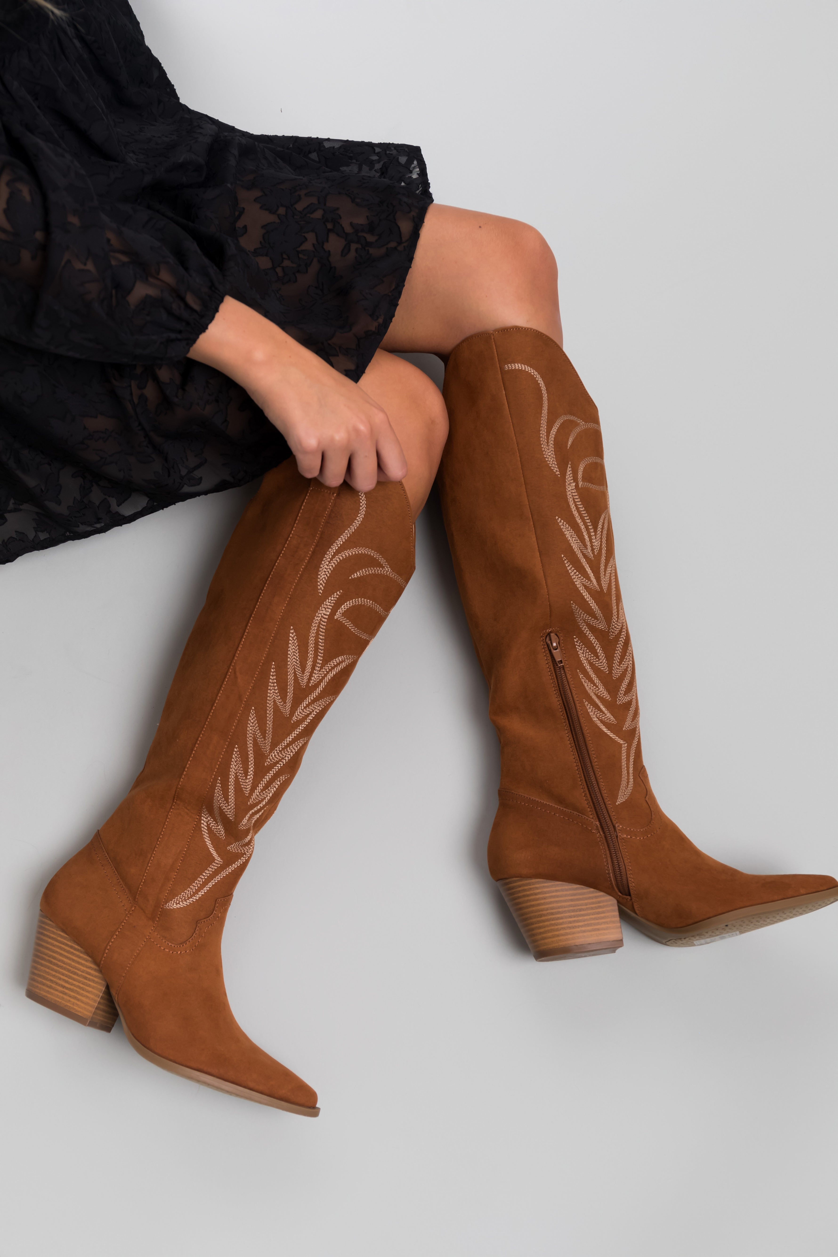 Women's Cognac Suede Knee-High Pointed Toe Western Boots