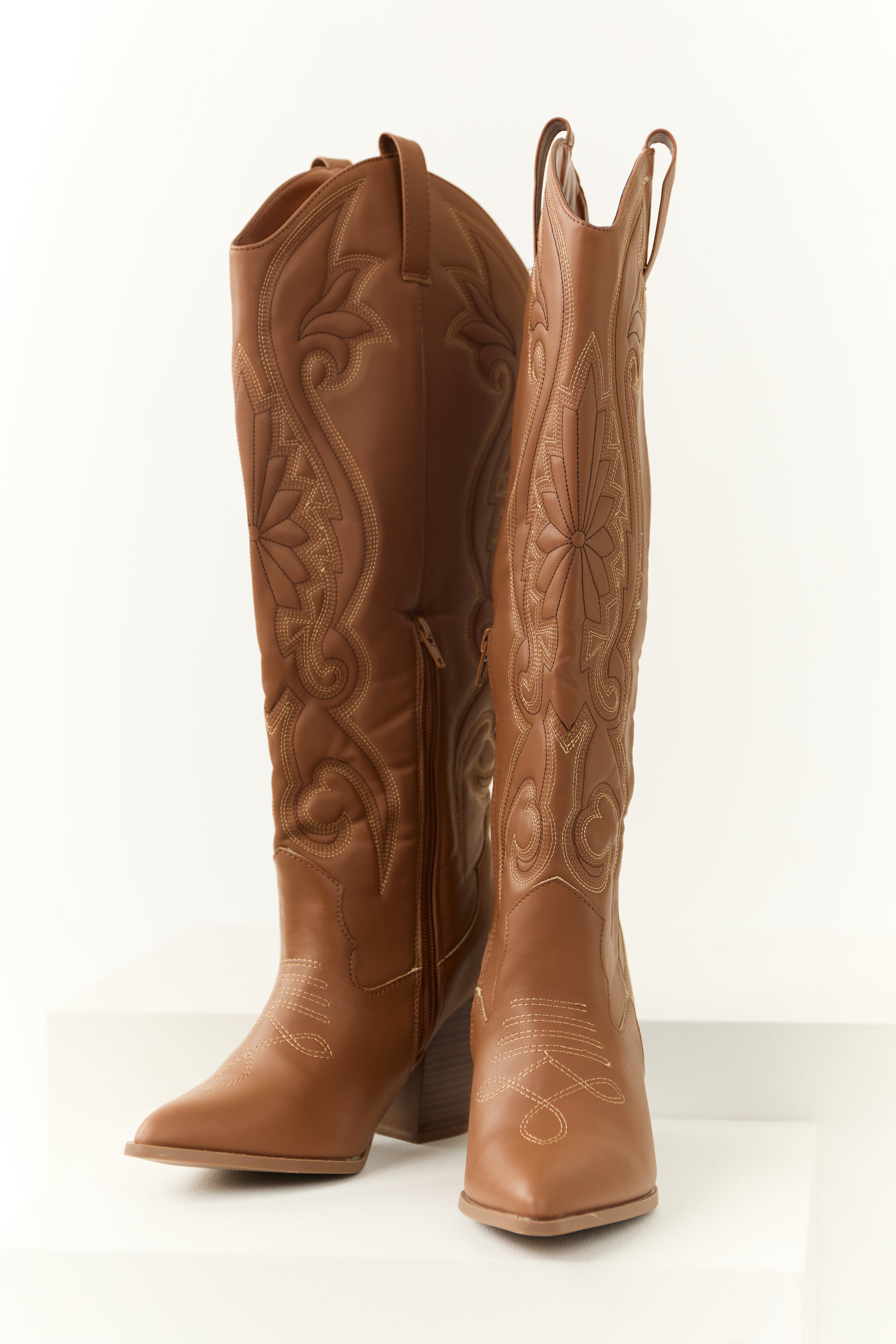 Women's Cognac Knee-High Embroidered Western Boots