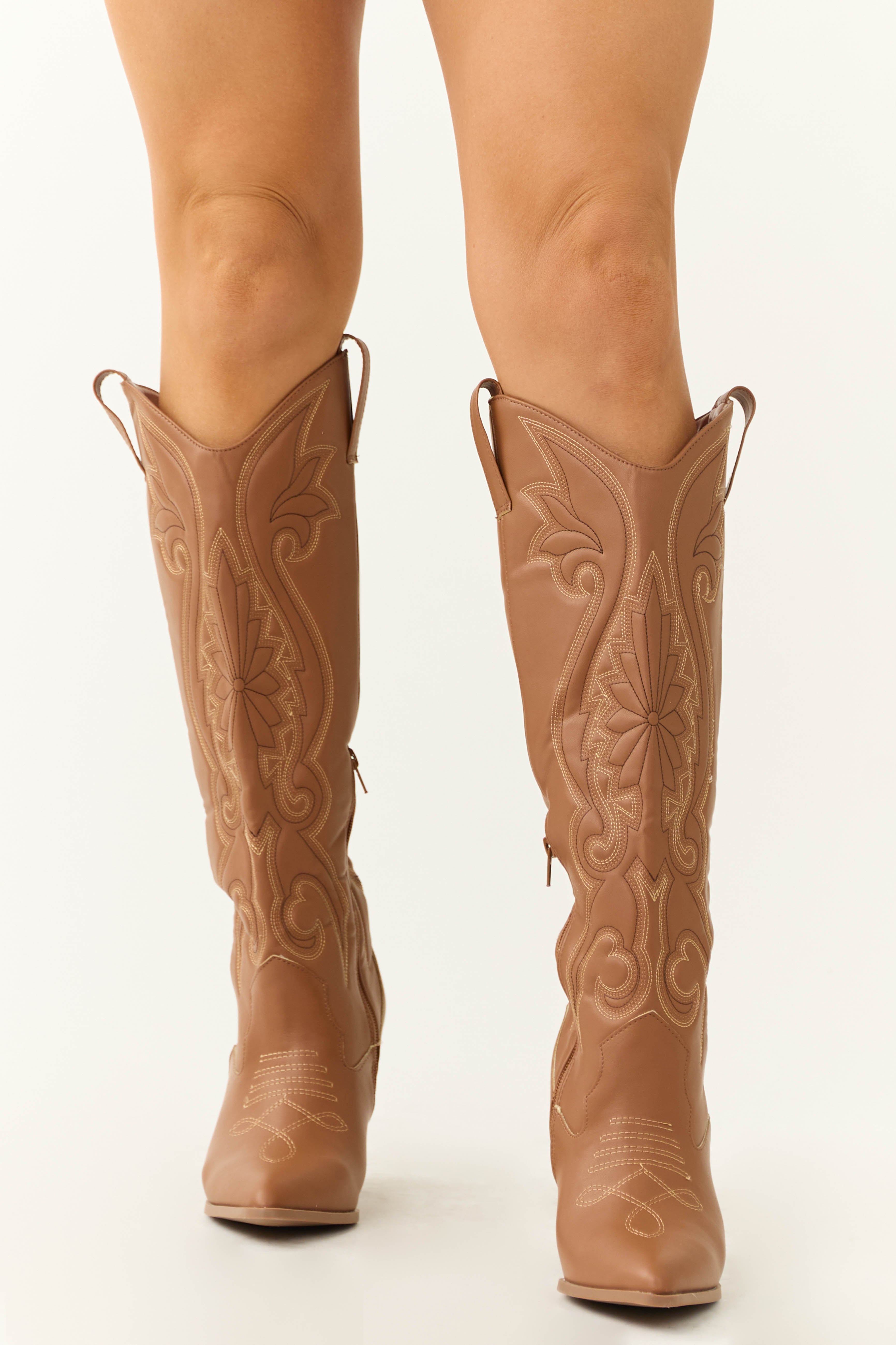 Women's Cognac Knee-High Embroidered Western Boots