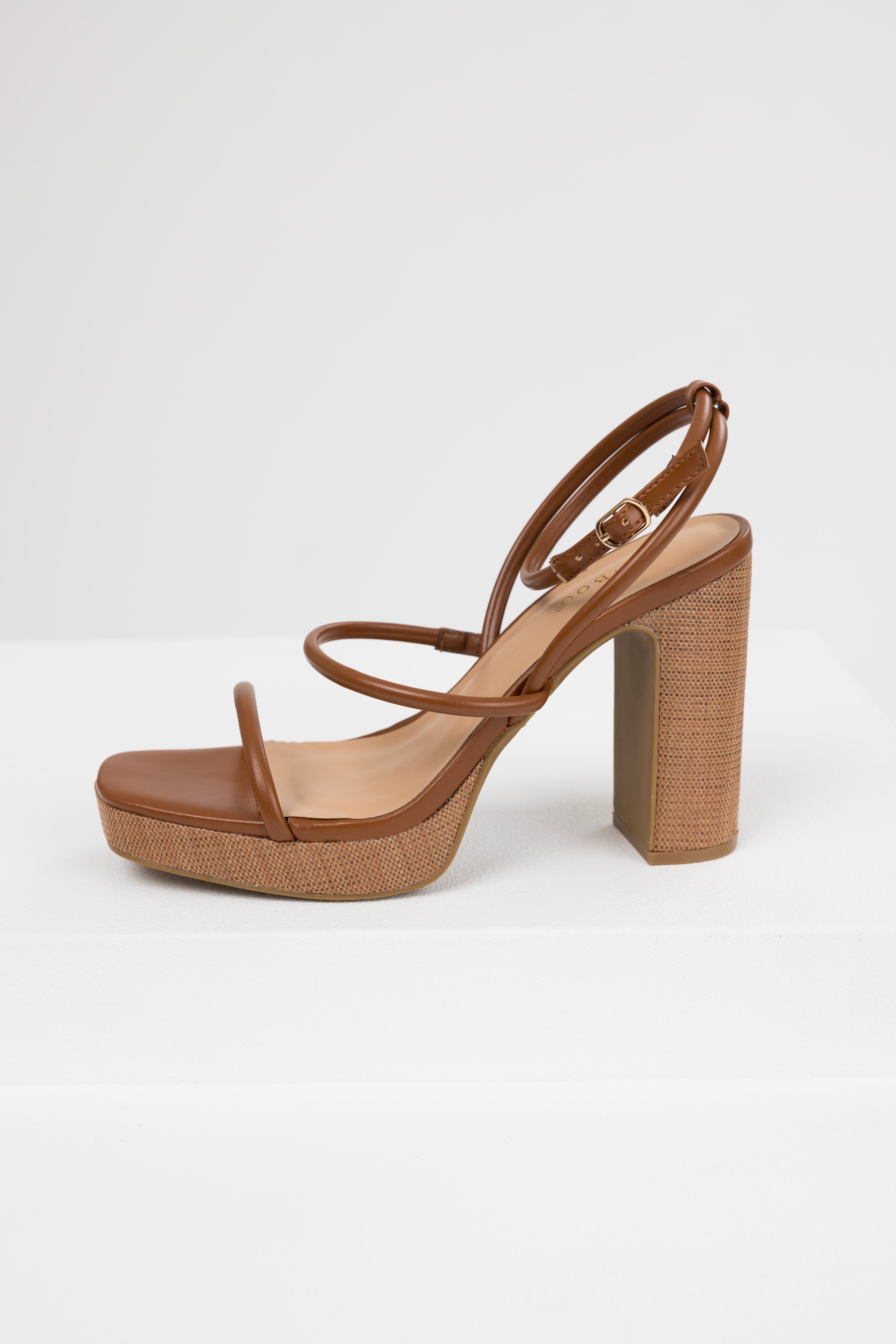 Women's Cognac Jute Platform Thin Strap High Heels