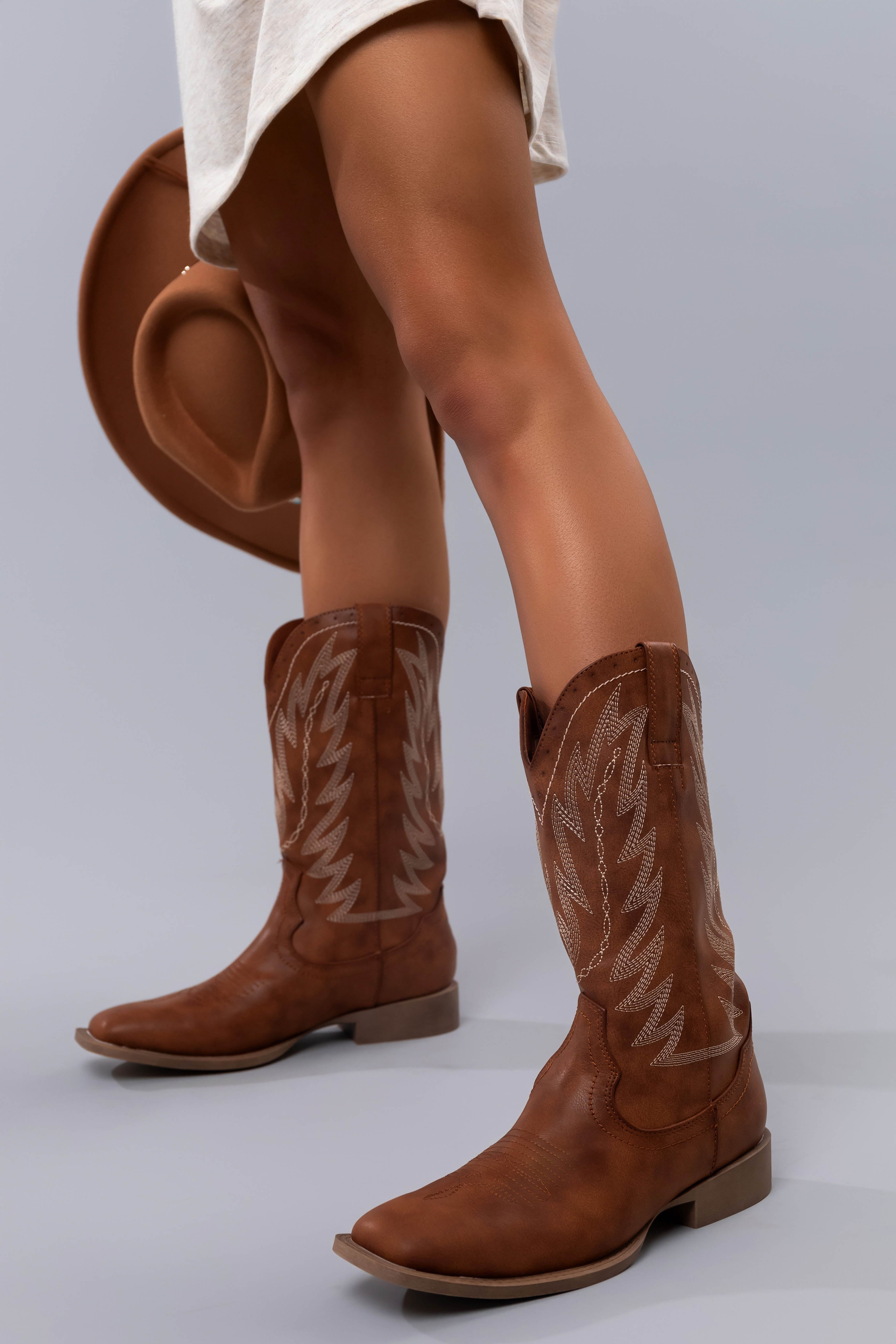 Women's Cognac Pleather Square Toe Cowboy Boots