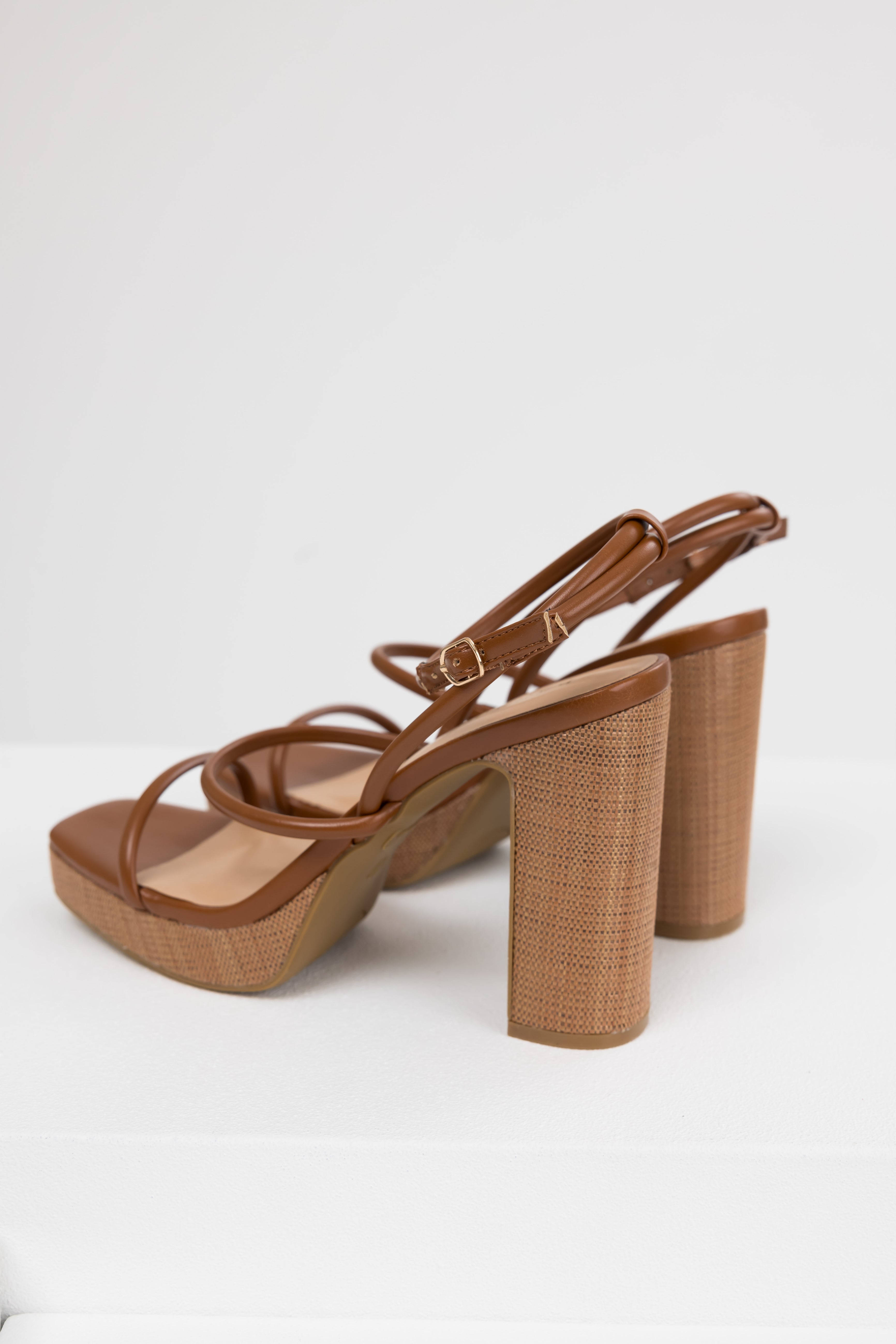 Women's Cognac Jute Platform Thin Strap High Heels