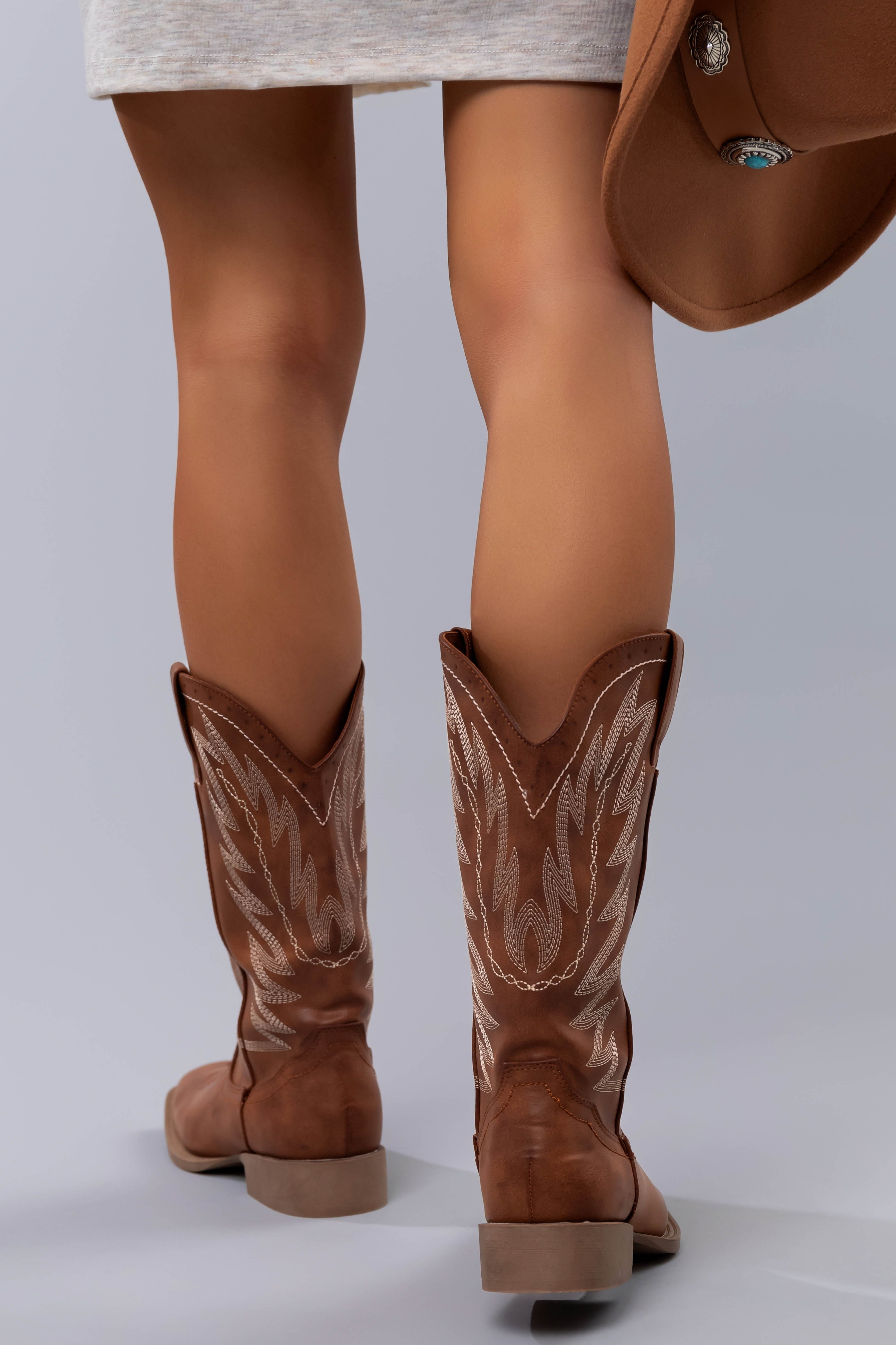 Women's Cognac Pleather Square Toe Cowboy Boots