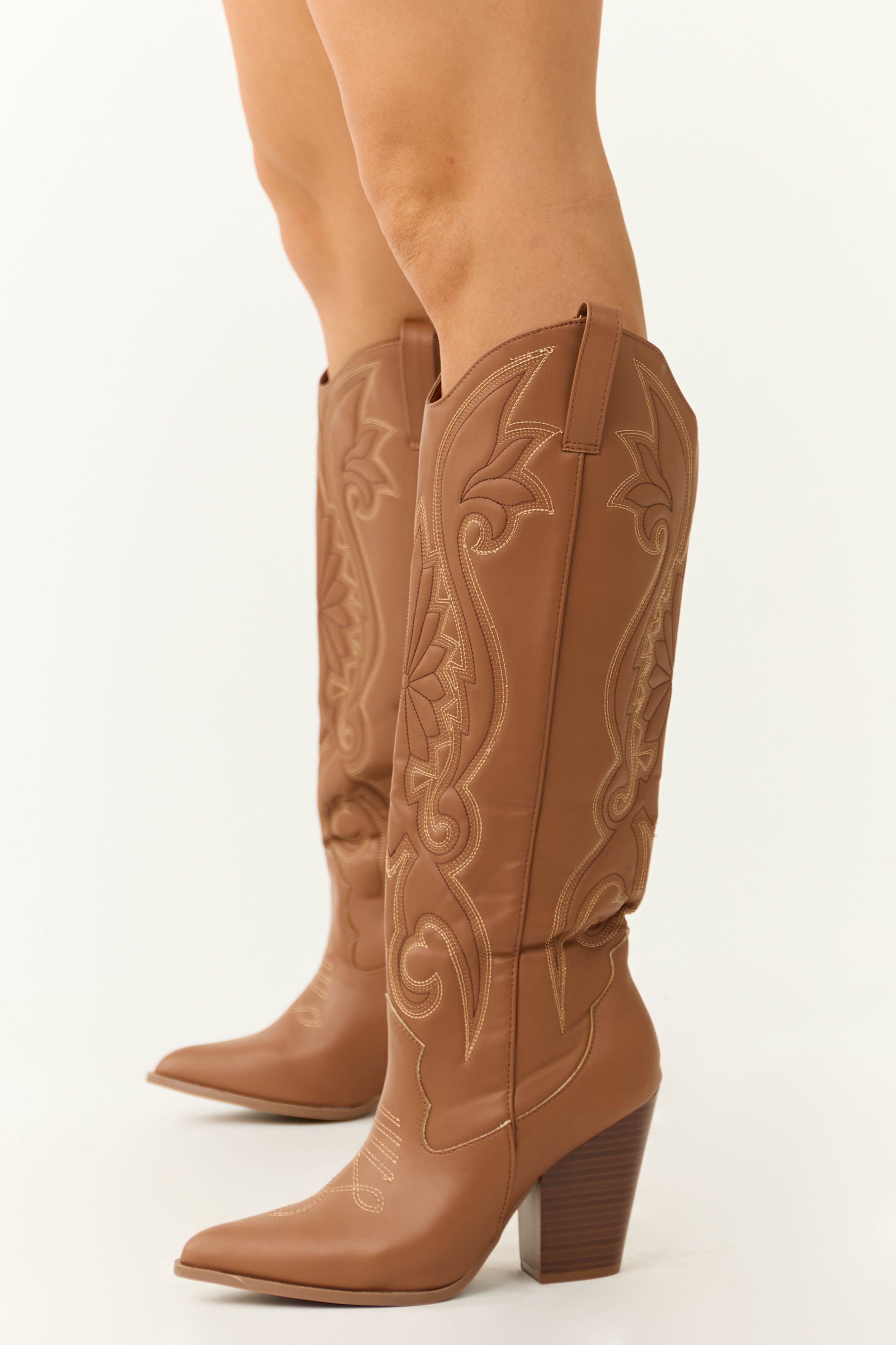 Women's Cognac Knee-High Embroidered Western Boots