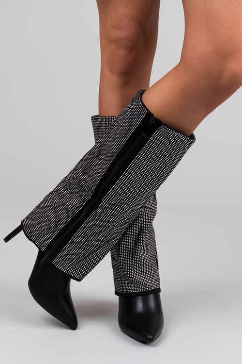 Women's Black Rhinestone Fold-Over Pointed Toe Boots