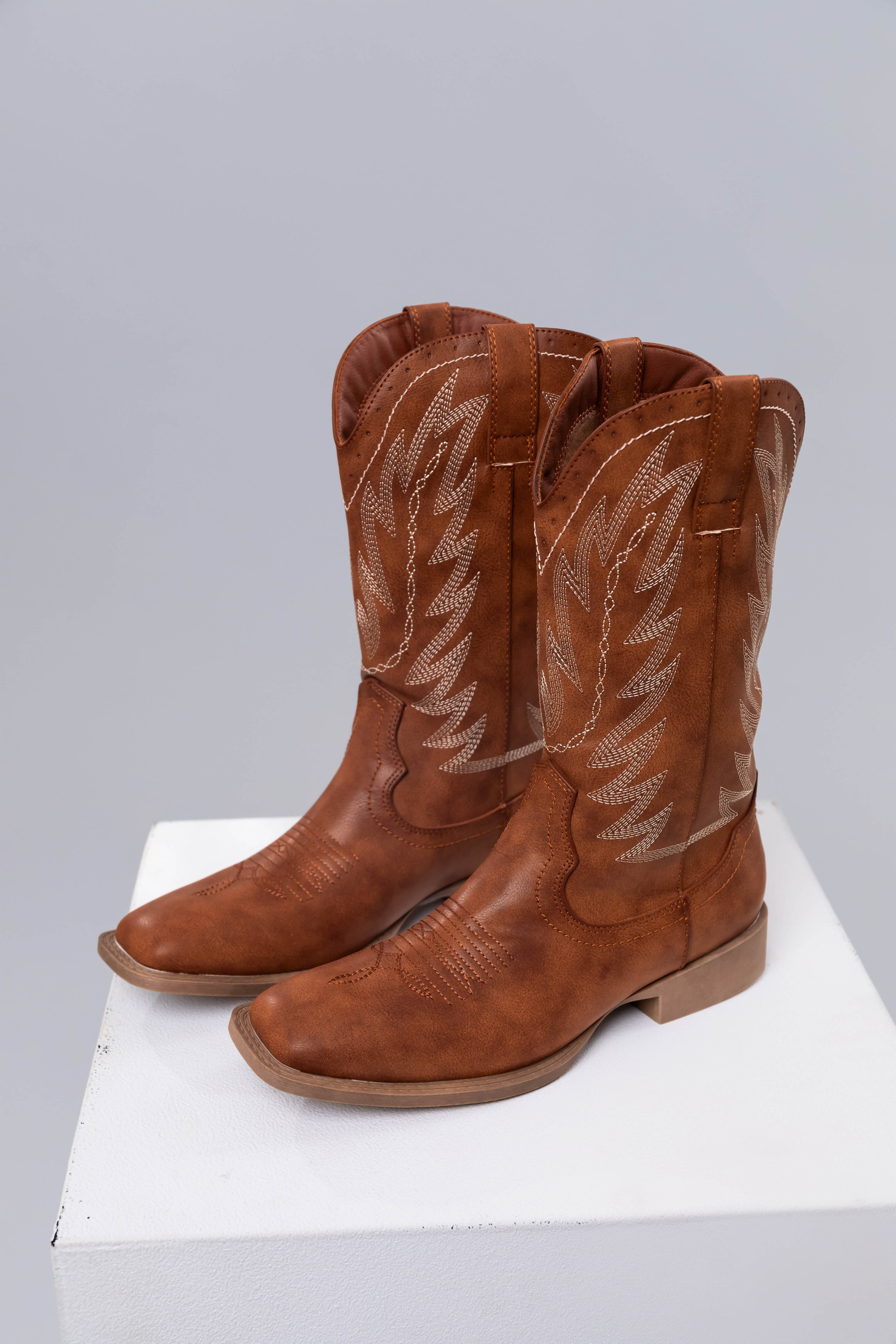 Women's Cognac Pleather Square Toe Cowboy Boots