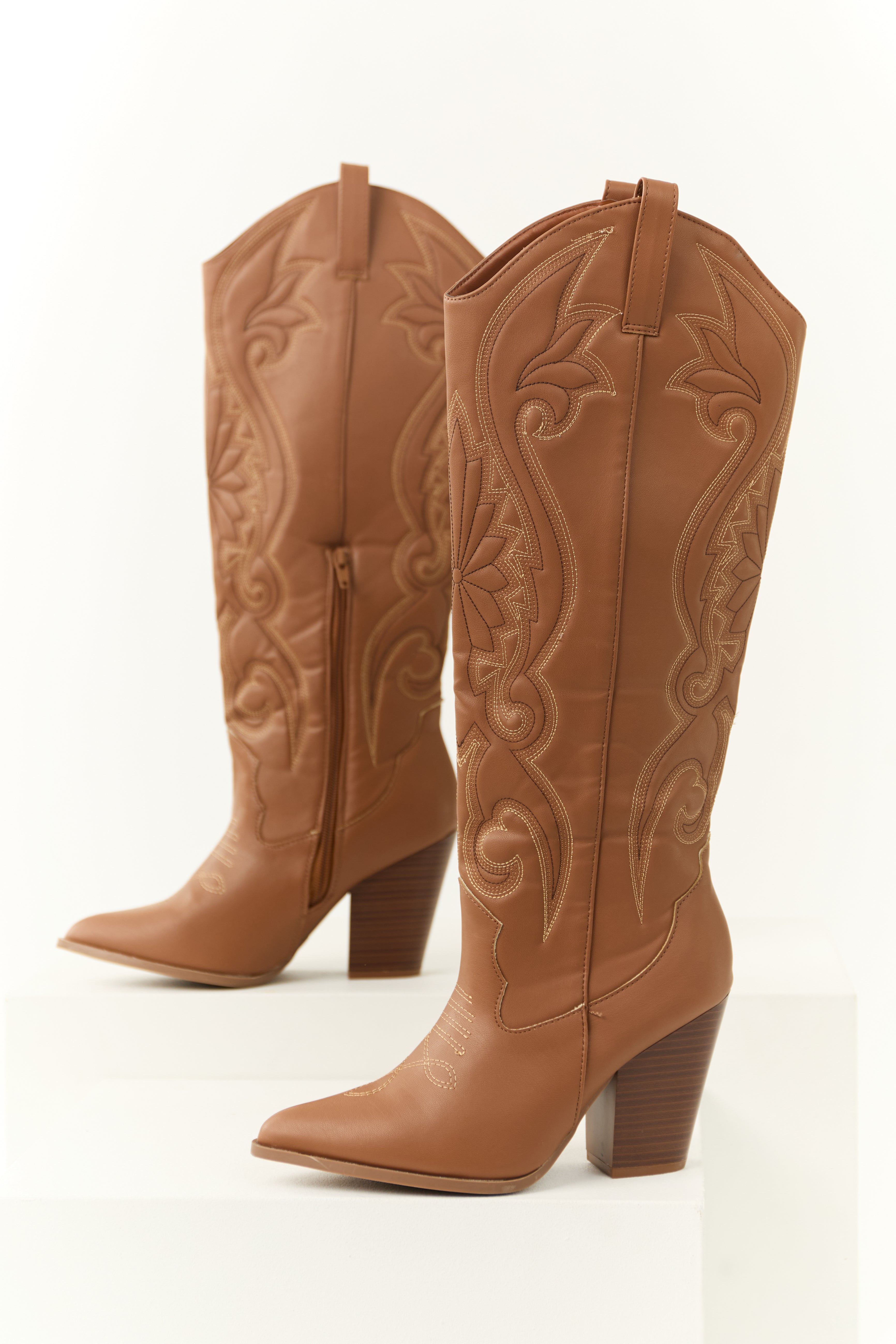 Women's Cognac Knee-High Embroidered Western Boots