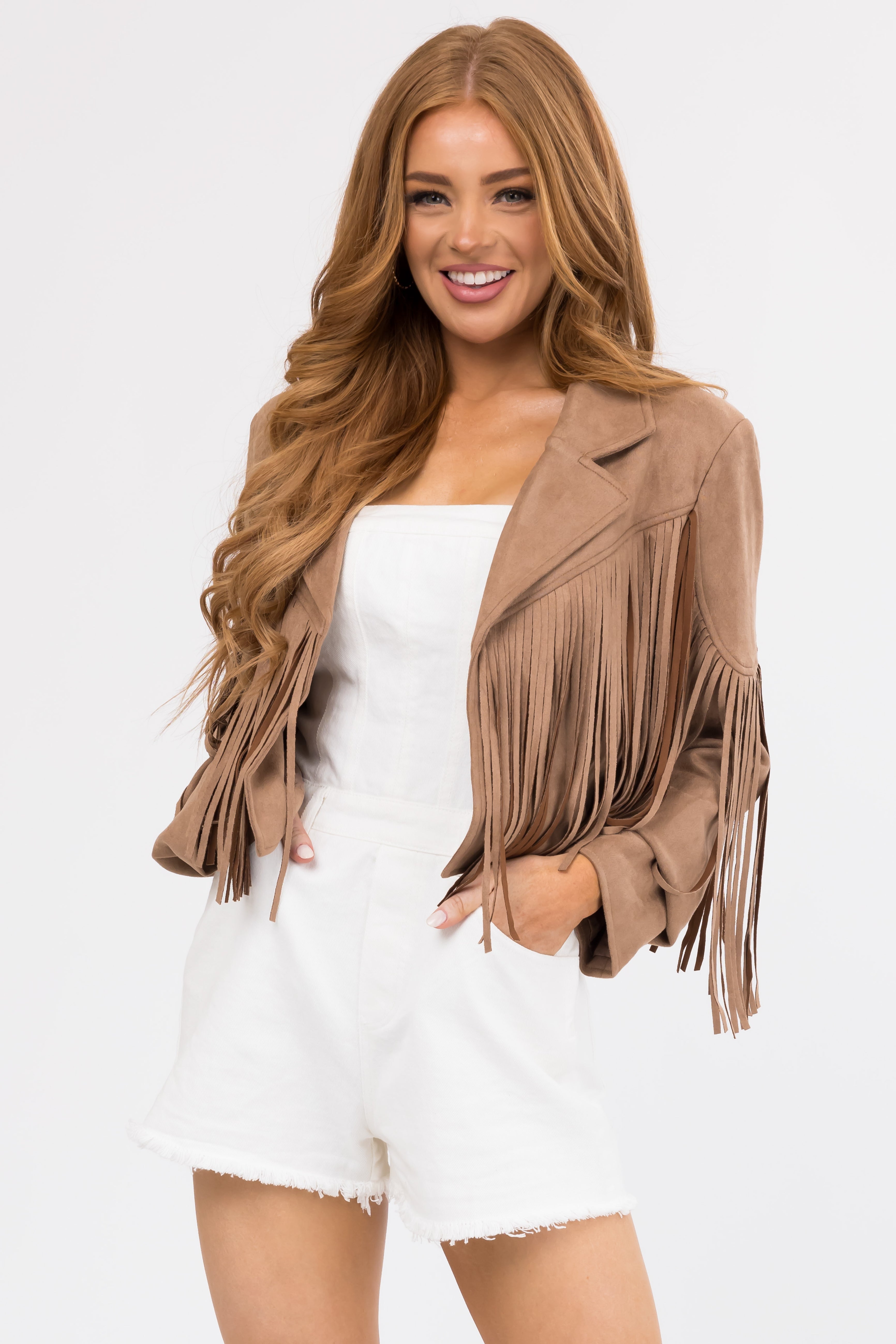 Women's Cognac Faux Suede Fringe Open Front Jacket