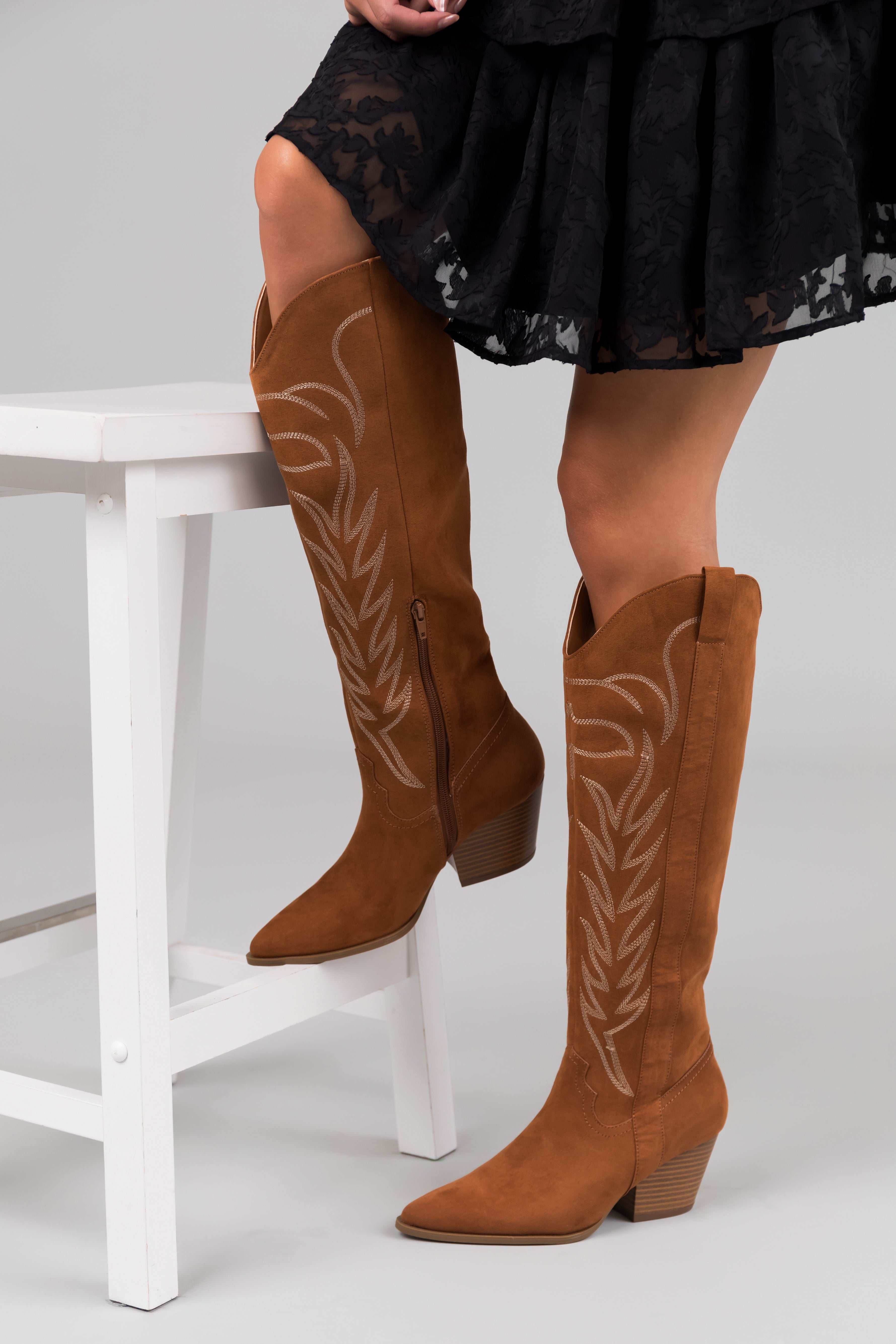 Women's Cognac Suede Knee-High Pointed Toe Western Boots