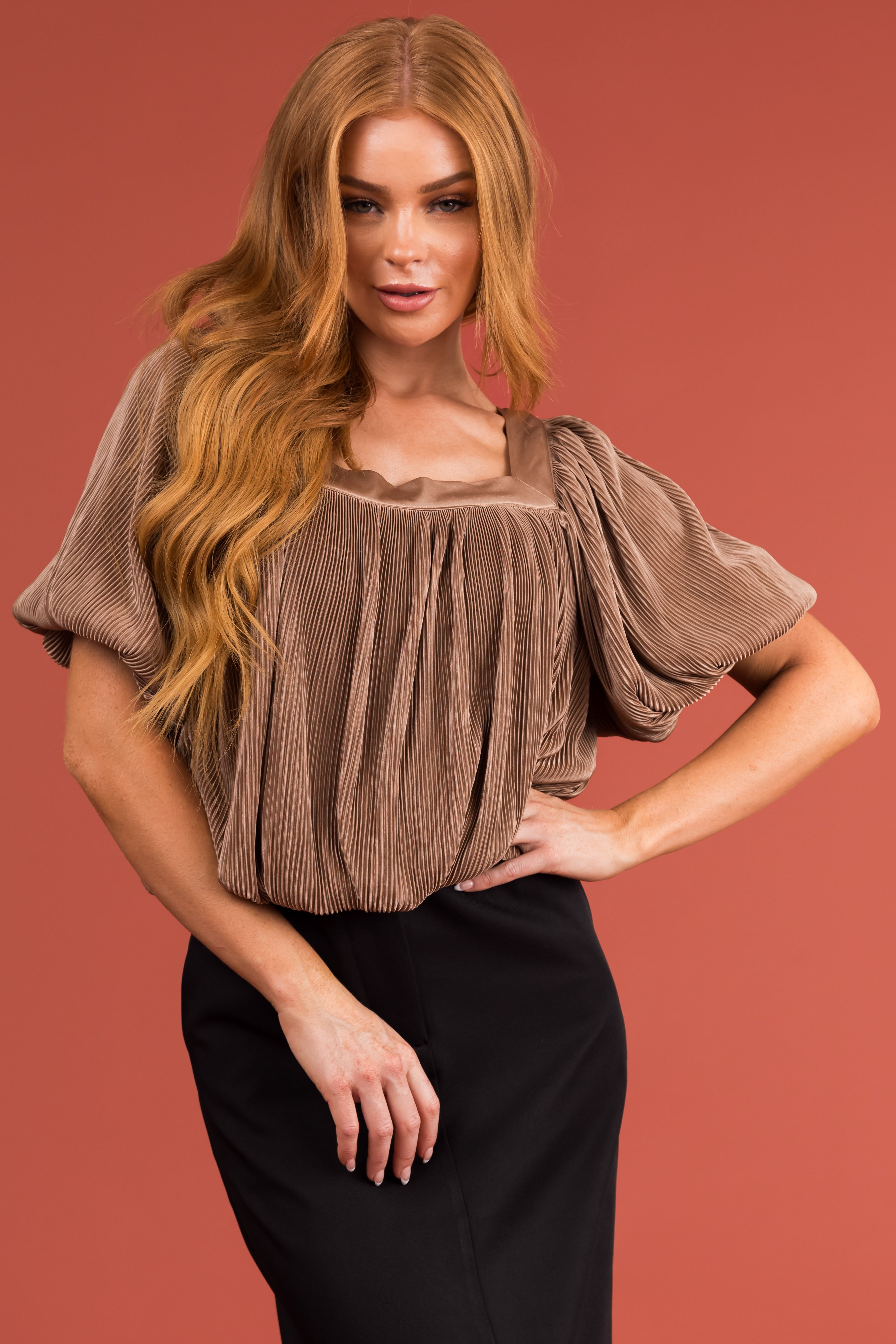 Women's Cognac Plisse Satin Mid Sleeve Cropped Blous